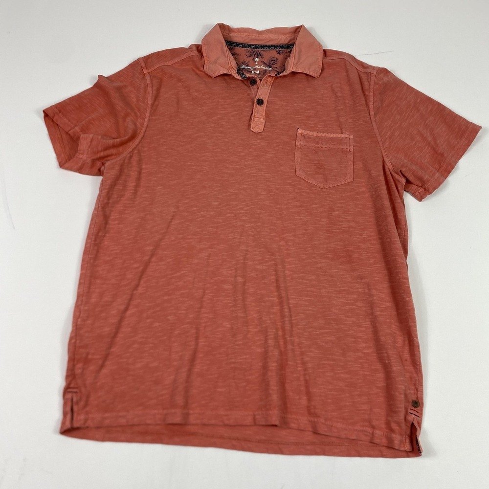 Tommy Bahama Polo Shirt Mens Medium Coral‎ Organic Cotton Slub Chest Pocket Knit
